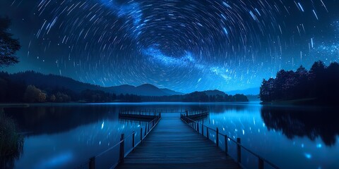 Wall Mural - celestial star trails captured in long exposure night sky