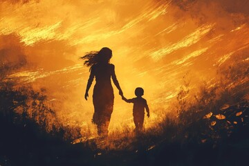 Poster - Silhouette of a Mother and Child Against a Dramatic Sunset Glow