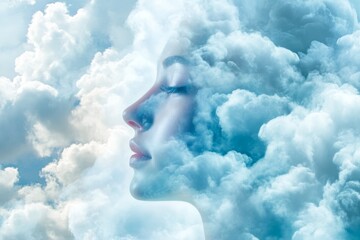 Poster - Ethereal Woman Profile Silhouetted by Soft Clouds and Sky