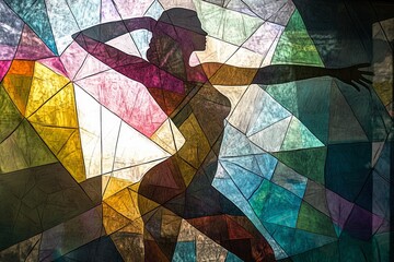 Poster - Elegant Silhouette Dancer Behind Colorful Stained Glass Artwork