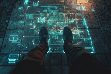 Poster - Futuristic Digital Interface Displaying Data Analytics on the Ground at Night in Urban Environment