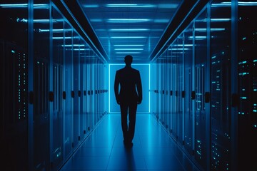 Poster - Silhouette of a Business Person in a High-Tech Data Center Corridor