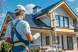 © Alice - Construction worker holding paint roller in front of house. Exterior painting job underway. Pro worker in uniform. Home renovation in progress. Exterior remodel. Home improvement project. 32k image