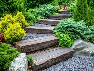 Poster - Beautifully Landscaped Garden Pathway Featuring Natural Stone Steps and Lush Green Foliage : Generative AI