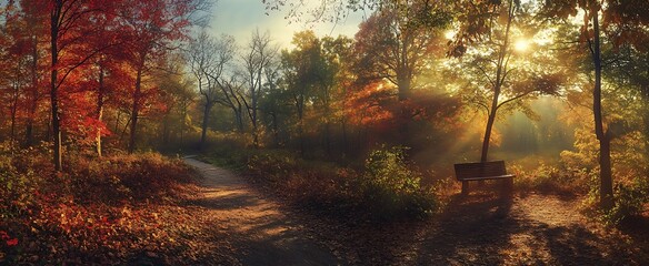 Poster - Vibrant autumn landscape showcasing colorful foliage along a peaceful forest path at sunrise : Generative AI