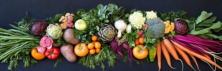 Aufkleber - Fresh assortment of colorful vegetables and produce arranged on a dark surface : Generative AI
