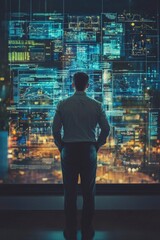 Poster - A man stands in front of a computer monitor displaying a cityscape