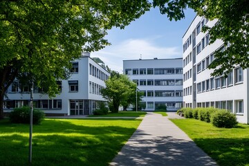 Poster - Serene view of modern architecture surrounded by lush greenery and vibrant landscapes : Generative AI