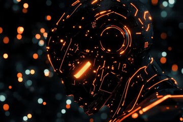 Poster - Futuristic Robot Head with Neon Lights in Dark Background