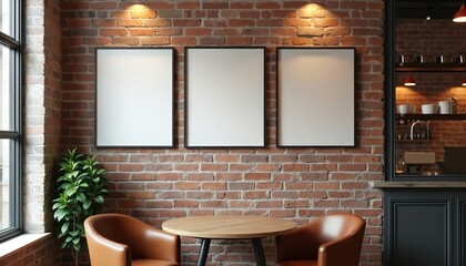Poster - Three empty frames poster mockups on brick wall above round table and chairs in cafe in modern loft style design. Blank canvas template for advertising, art, presentation.