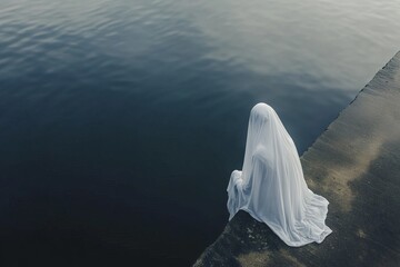 Poster - Ethereal Figure in White Drapery Sitting by Calm Waterside