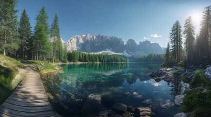 Poster - Breathtaking serene landscape of tranquil lake surrounded by majestic mountains and lush green forests : Generative AI