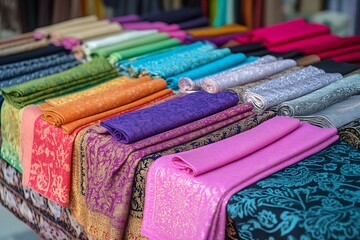 Poster - Vibrant array of luxurious fabrics neatly arranged and displayed on a colorful textile market table : Generative AI