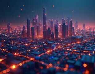 Aufkleber - Futuristic cityscape with neon network of lights, communication lines. Lowpoly AI render of distant modern skyscrapers in blue, orange colors. Net represents cyberspace, technology, science fiction.