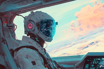 Poster - Astronaut in Spacecraft Cockpit Surrounded by Colorful Clouds