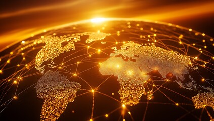 Leinwandbilder - Global Connectivity Visualized with Golden Network Lights and Earth Showing Data and Technology : Generative AI