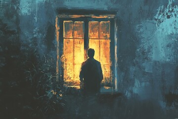 Poster - Person Silhouetted by Warm Light from Window at Dusk