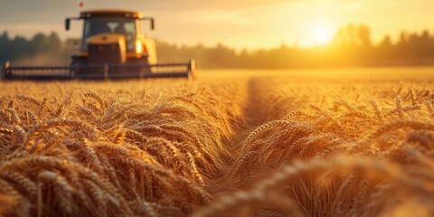 Wall Mural - A golden wheat field with a harvester or combine harvesting under a warm sunset, symbolizing agriculture and industrial rural life
