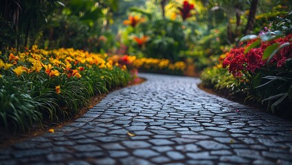 Poster - Beautiful stone pathway bordered by vibrant flowering plants in a tropical garden : Generative AI
