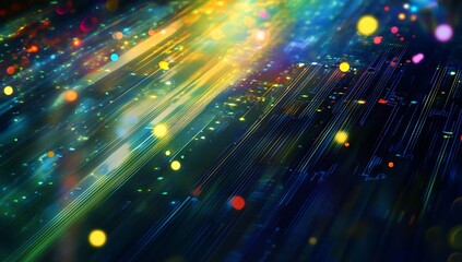 Leinwandbilder - Vibrant abstract digital background with colorful bright streaks and glowing orbs of light : Generative AI