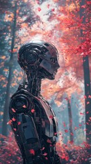 Poster - Futuristic Robot in Enchanted Forest with Falling Leaves