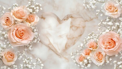 Poster - Elegant blush roses and delicate flowers beautifully arranged on a marble surface creating a romantic heart shape : Generative AI