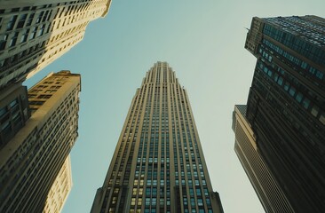 Aufkleber - Towering Skyscrapers Under Clear Blue Sky Revealing Urban Architecture and Modern Design : Generative AI