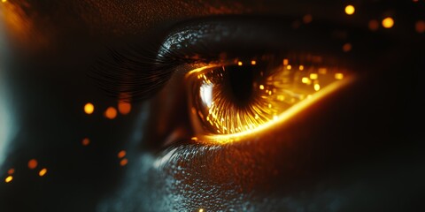 Poster - Close-Up of Eye with Fiery Glow and Sparkling Particles Effect