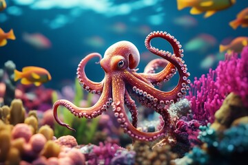 Aufkleber - Colorful underwater scene featuring a vibrant octopus among corals and tropical fish in clear water : Generative AI