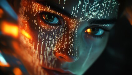 Aufkleber - Stunning representation of a face illuminated with glowing digital patterns and intricate eye details : Generative AI