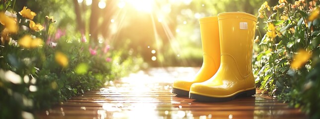 Poster - Bright sunny garden scene featuring yellow rubber boots surrounded by vibrant flowers and sparkling dew : Generative AI