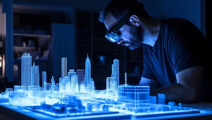 Poster - Focused architect analyzing a detailed 3D city model through augmented reality technology at night : Generative AI