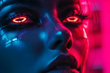 Poster - Futuristic Portrait with Neon Lights and Glowing Eyes