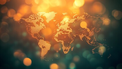 Leinwandbilder - Artistic portrayal of global map with soft golden lights symbolizing connections between nations : Generative AI