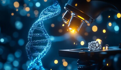 Fototapete - High-tech microscope examining unique DNA structure with vibrant lighting effects in a laboratory environment : Generative AI