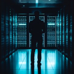 Poster - Silhouette of Person in Data Center Surrounded by Server Racks