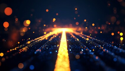 Fototapete - Mesmerizing illuminated road with sparkling orange lights and blue background creates a stunning visual effect : Generative AI
