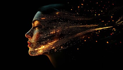 Aufkleber - Breathtaking digital art portraying a woman’s profile with dynamic light trails and glowing particles for an enchanting effect : Generative AI