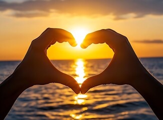Poster - Romantic sunset scene depicting hands forming heart shape against the backdrop of a glowing sun and ocean waves : Generative AI