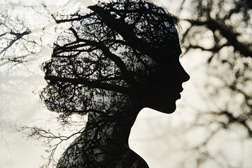 Poster - Silhouette of Woman with Tree Branches in Double Exposure Effect
