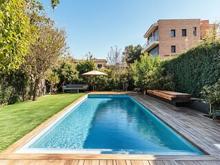 Aufkleber - Stunning backyard featuring a serene swimming pool surrounded by lovely greenery and trees : Generative AI
