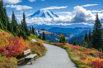 Poster - Charming road lined with benches and colorful foliage with mountains towering in the distance under fluffy clouds : Generative AI