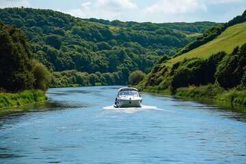Poster - Recreational boat moving gracefully on a tranquil river bordered by vibrant greenery and hills : Generative AI