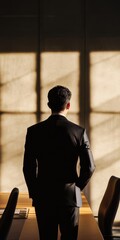 Poster - A man in a suit stands in front of a table with chairs