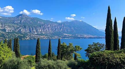 Poster - Stunning landscape of tall cypress trees lining the lakeshore with mountains in the background : Generative AI