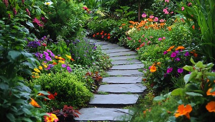 Poster - Vibrant flower path showcasing an array of blossoms amidst lush greenery in a tranquil setting : Generative AI