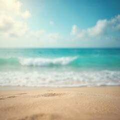 Poster - Sandy beach meets soft blue ocean wave creating serene summer seascape. Tropical sea background evokes relaxation. Blue sky merges with horizon in nature vacation banner.