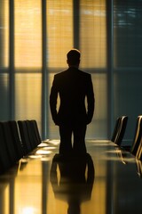 Poster - A man in a suit stands in front of a long table with chairs