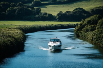 Aufkleber - Elegant cruising yacht navigating a tranquil river flanked by verdant hills and flora : Generative AI