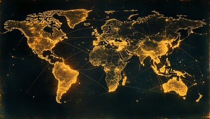 Fototapete - Vintage style world map glowing in golden yellow with intricate network connections and lines : Generative AI